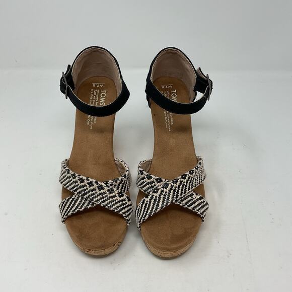 Toms Sienna Wedge Sandal Womens 7.5 Black Strappy Ankle Strap Cork Platform - Picture 2 of 13
